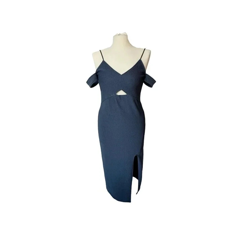 Nasty Gal || Keyhole Drop Strap Bodycon Side Slit Dress in Lighthouse Blue Sz 6 - Picture 3 of 5